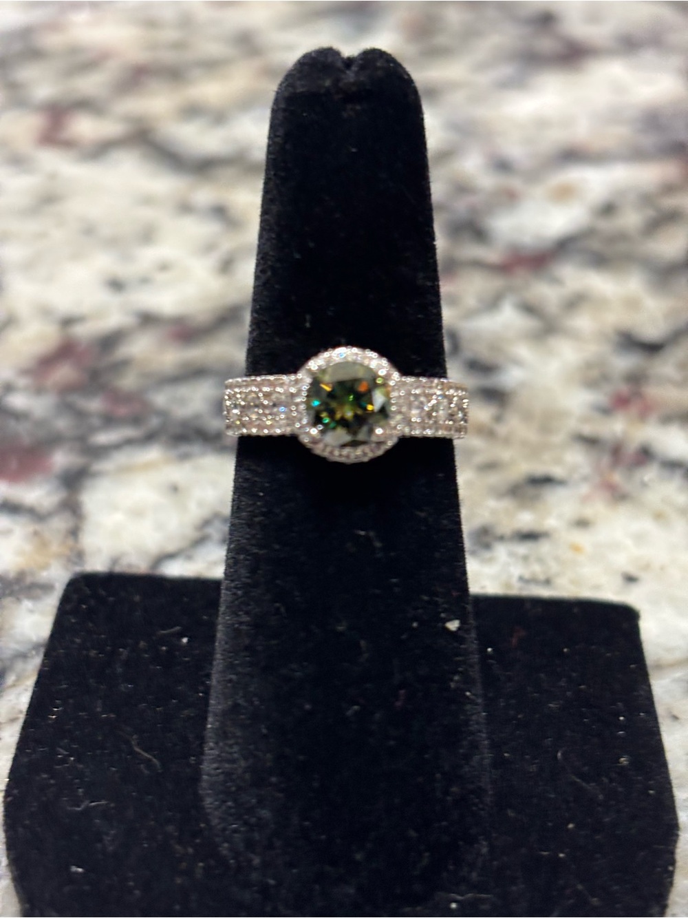 Moissanite Green Halo Ring with MoissaniteGreen Mystic Center and Pavé Band